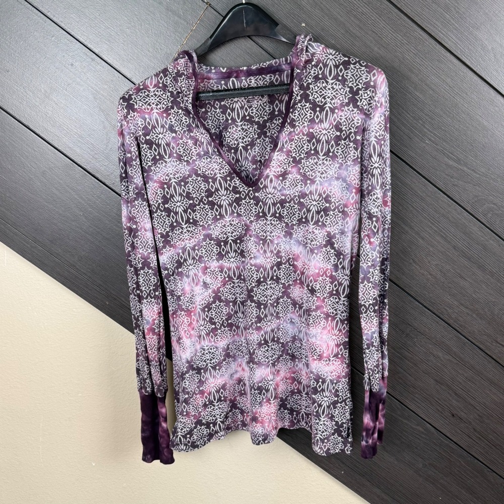 prAna Women Medium Purple Tie Dye Geometric Lightweight Hooded Long Sleeve Top